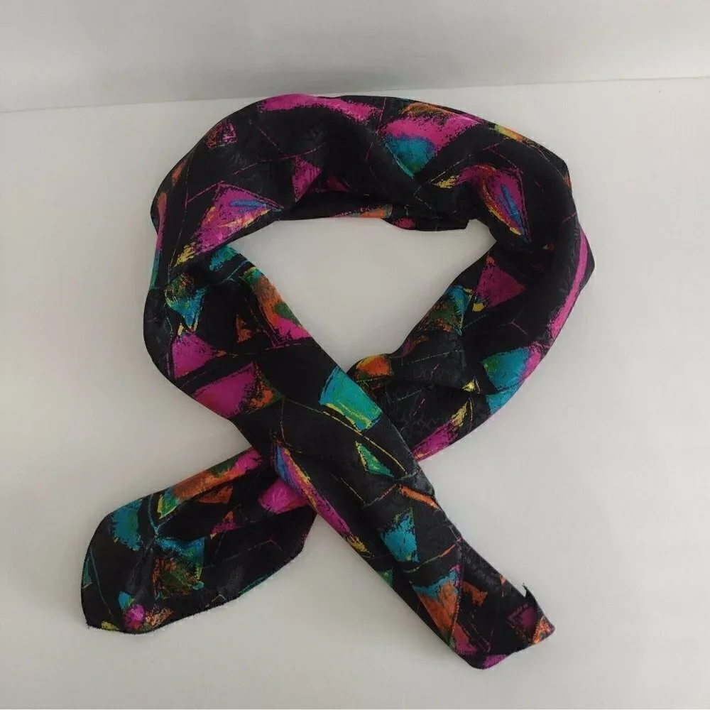 Vintage Mademoiselle 80s/90s Polyester Womans Wrap Scarf Bright Colors Geometric